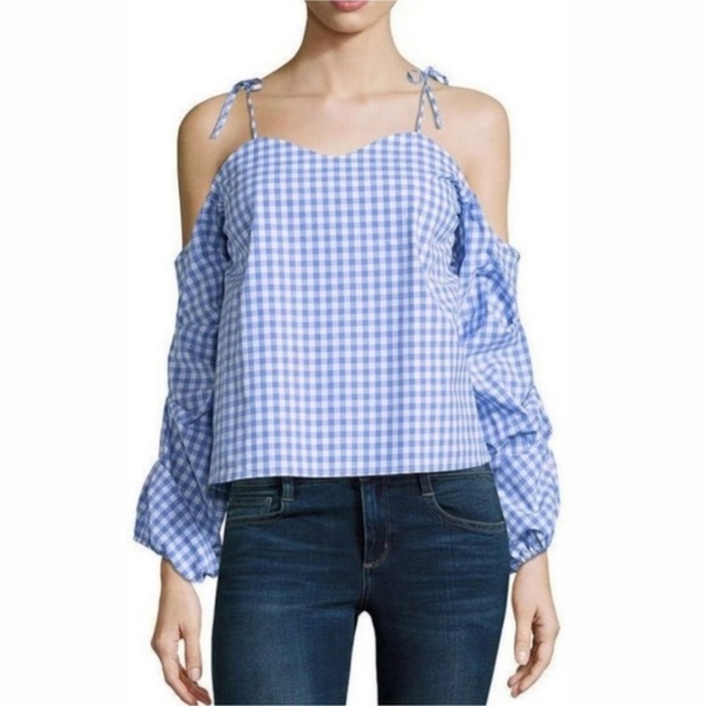 Belle Sky blue and white gingham off shoulder lung sleeve top size XL